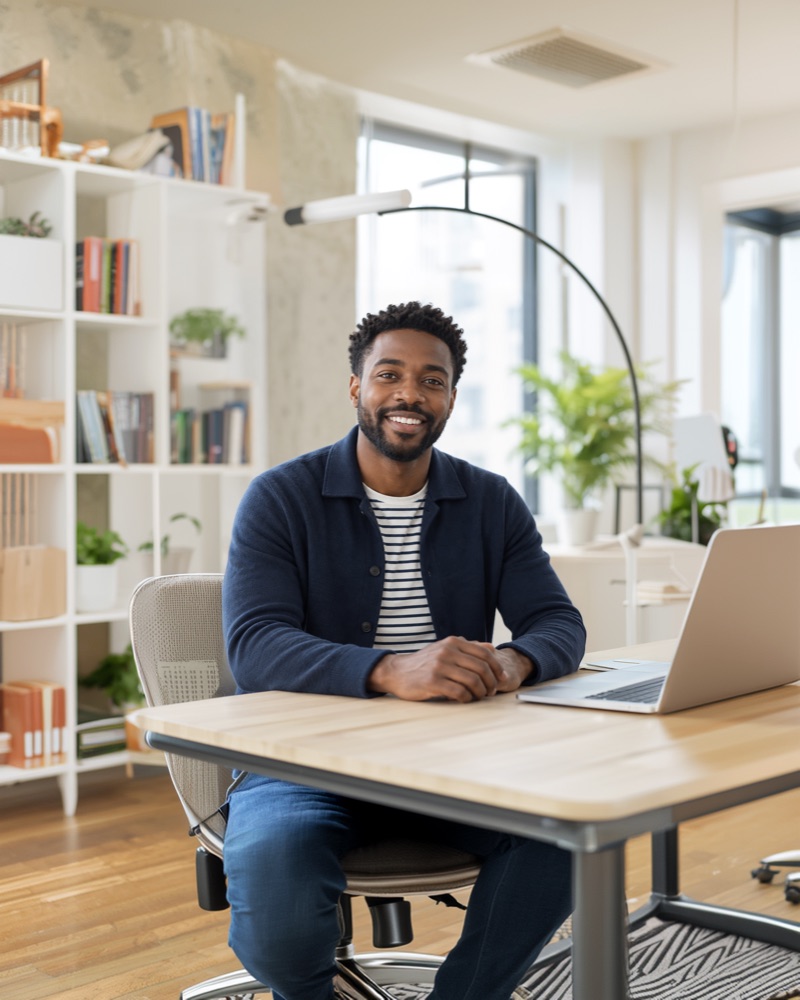 Présentateur souriant assis à un bureau dans un espace lumineux