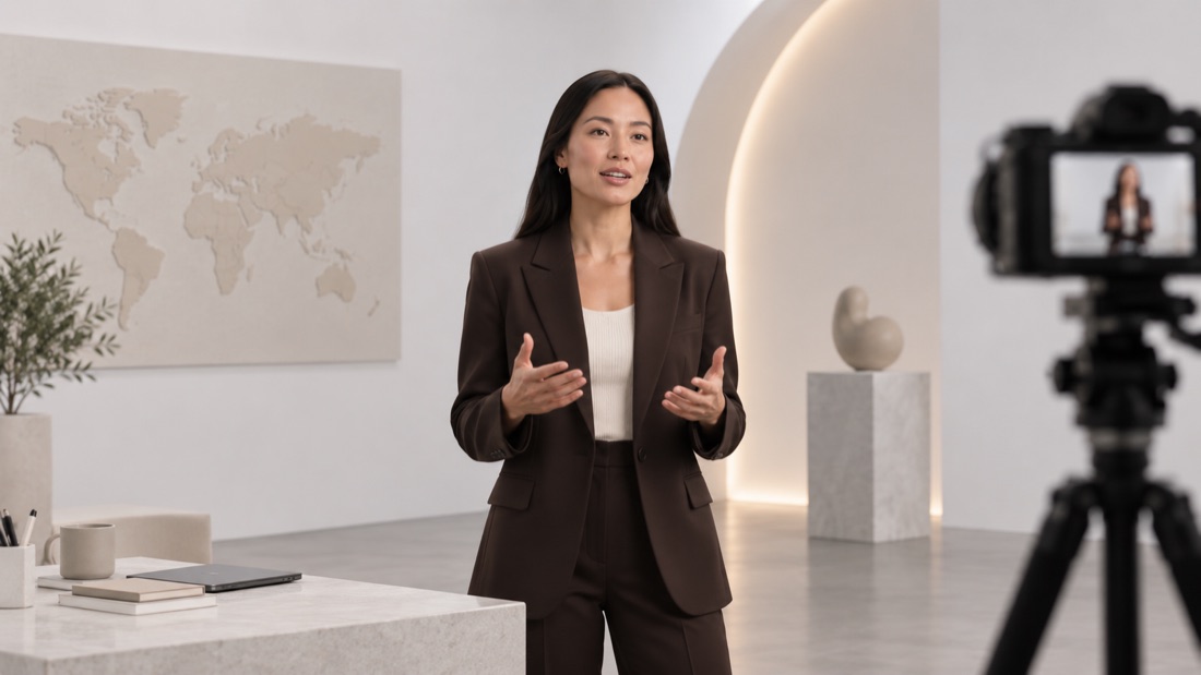 Présentatrice en blazer expliquant un sujet en studio