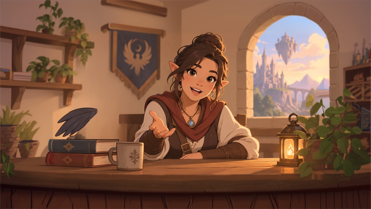 Illustrated fantasy character sitting at a table