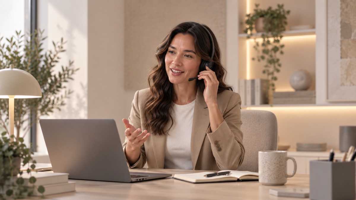 Support agent wearing a headset, talking at a laptop