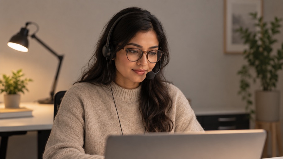 Woman with glasses and a headset at a desk