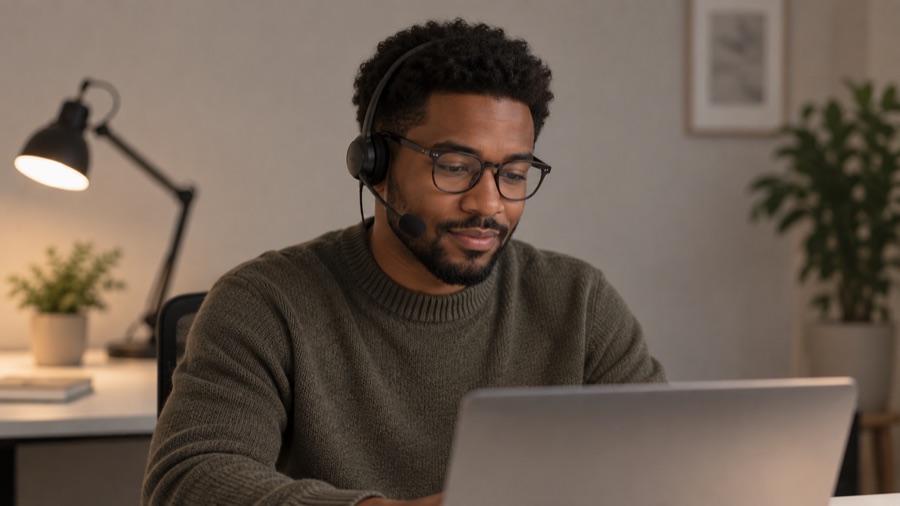 Man with a headset working at a laptop